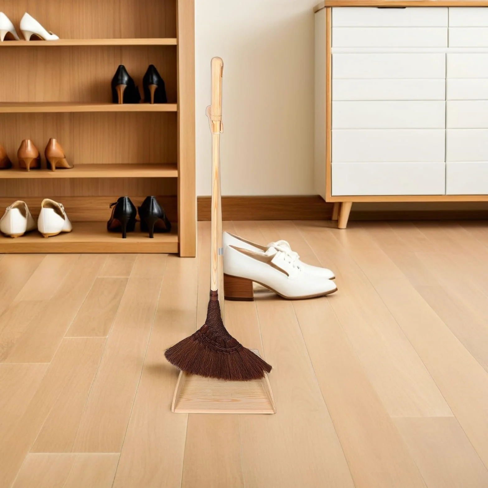 Juego de Broom y Recogedor de Madera Diseño Artesanal Vintage, para Limpieza sin Rayones en Hogar y Garaje