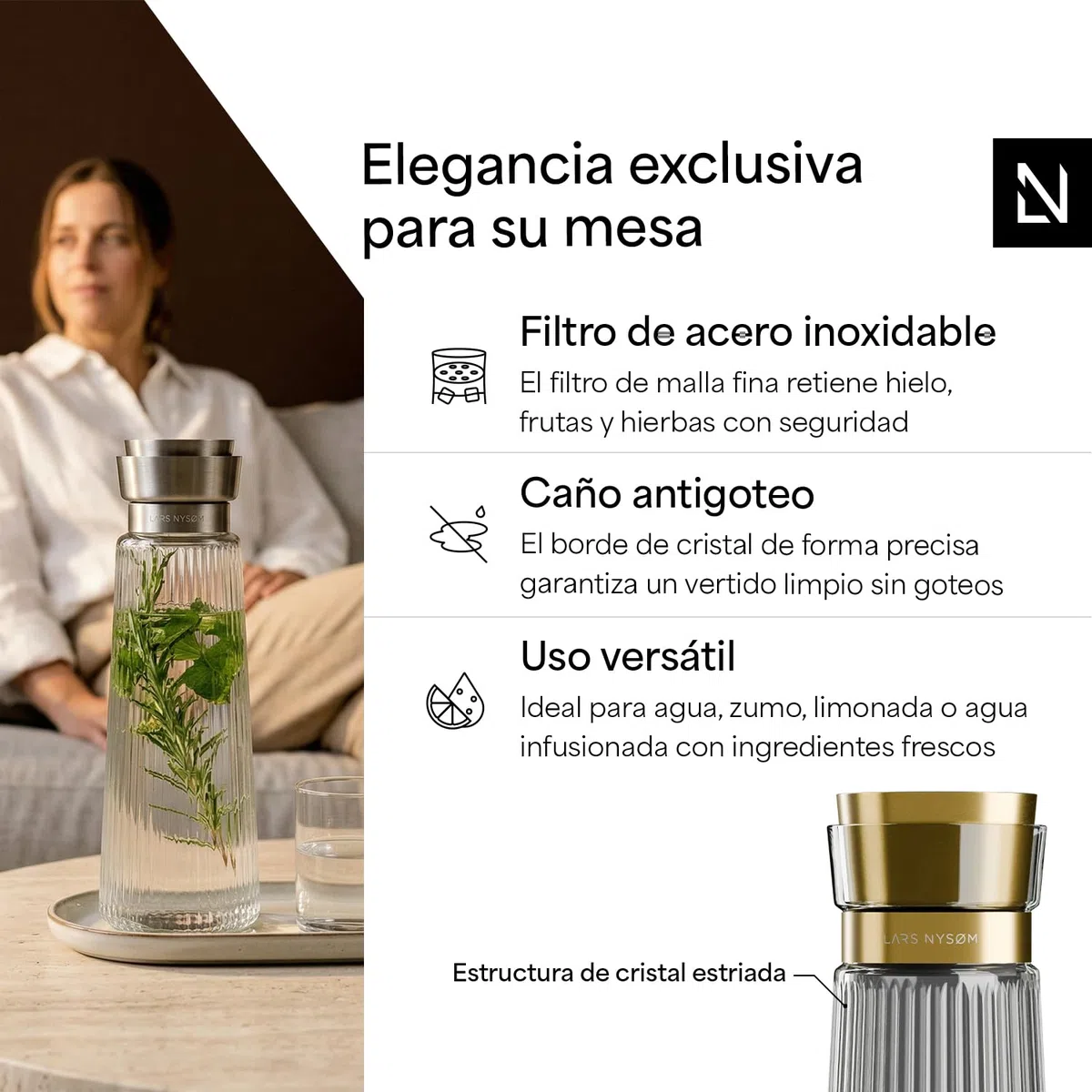 LARS NYSØM Jarra de Agua 1l con Tapa de Acero Inoxidable y Filtro Integrado | Elegante Garrafa de Cristal para Zumo, Té, Limonada | Jarra para Uso Diario y los Invitados (Graphite/Gold, 1000ml)