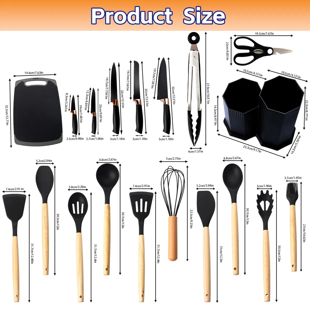 Juego de utensilios de cocina de 19 piezas con cuchillos tabla de cortar y caja de almacenamiento en forma de diamante – utensilios de silicona resistentes al calor negro