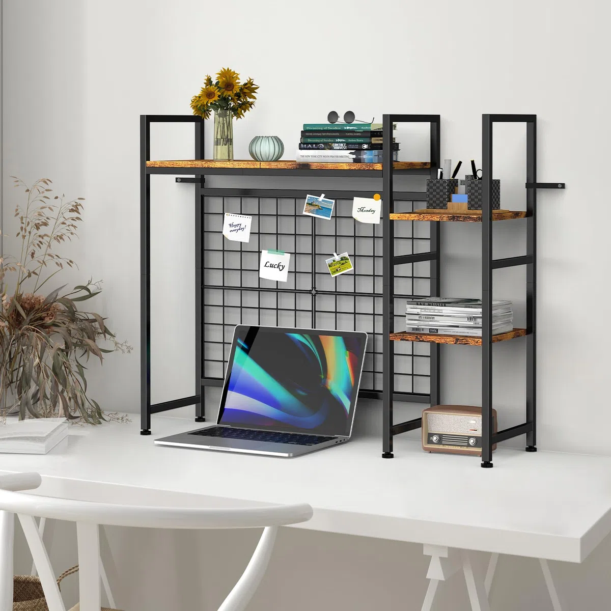YBING Estantería de escritorio, estantería de libros, estantería de mesa con 4 estantes y compartimento abierto, estante de escritorio para ordenador, estantería multifuncional de madera para el hogar