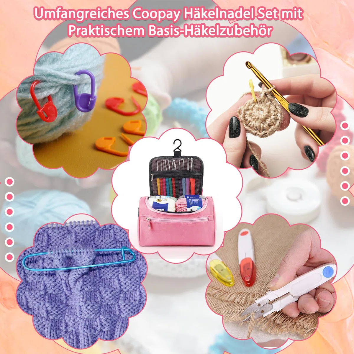 Coopay Juego de 73 agujas de ganchillo para principiantes, juego de agujas de ganchillo portátiles con 15 lana, bolsa, accesorios de ganchillo, 2,0-10 mm, agujas de ganchillo ergonómicas con mango