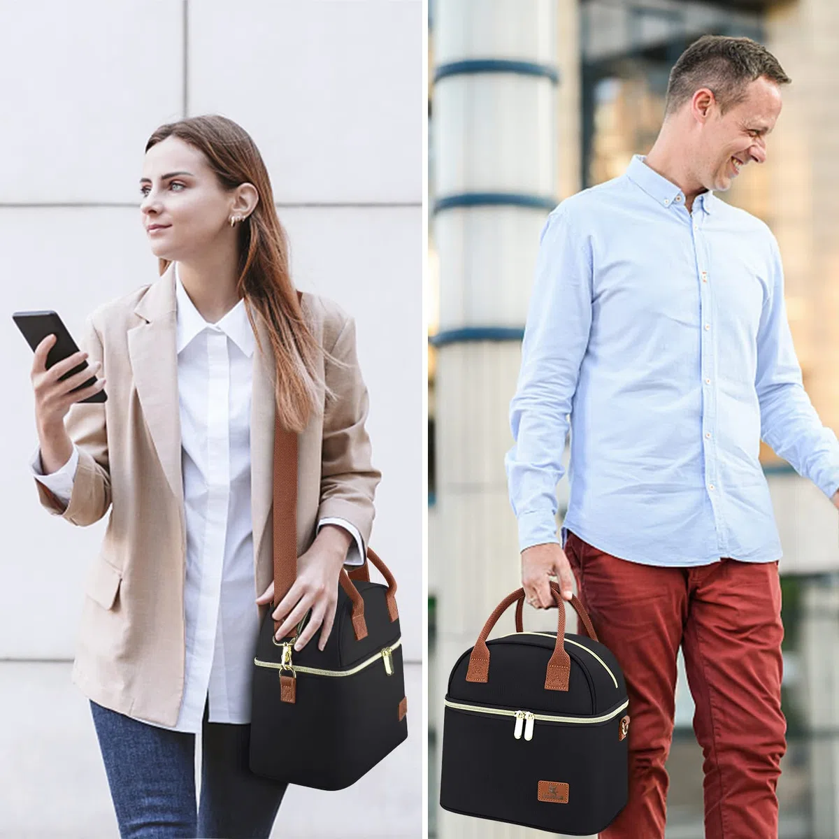 Hafmall 9L Bolsa Termica Porta Alimentos, Portatil Lunch Bag con Dos Compartimentos para Mujer, Hombres y Trabajo, Escuela (Negro)
