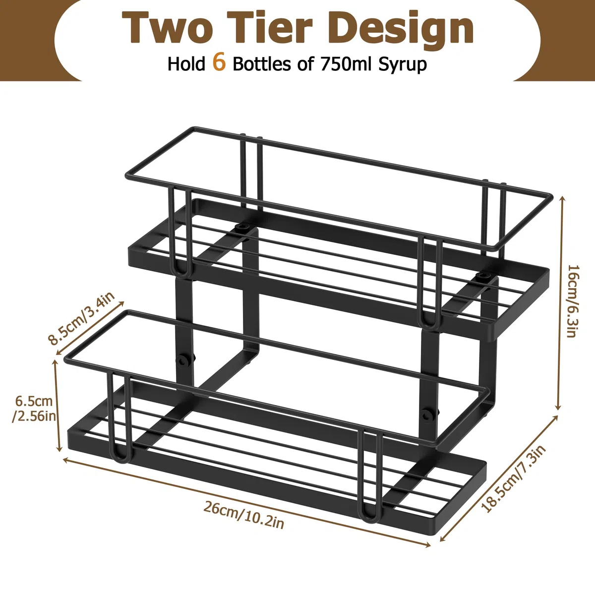 Organizador de jarabe de café con capacidad para 6 botellas, estante de jarabe de café de 2 niveles para cocina, cafetería, estante de vino de metal para encimera, bar y familia