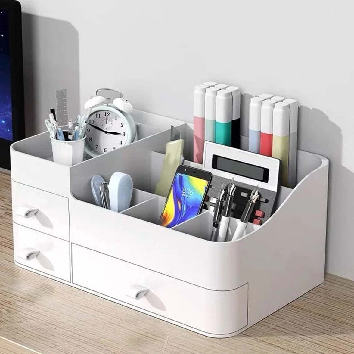 Queta Blanco Organizador de Maquillaje, se Adapta a Joyas, cepillos, Barras de Labios y cremas, Almacenamiento de Cosméticos con con 3 cajones y 8 cuadrículas