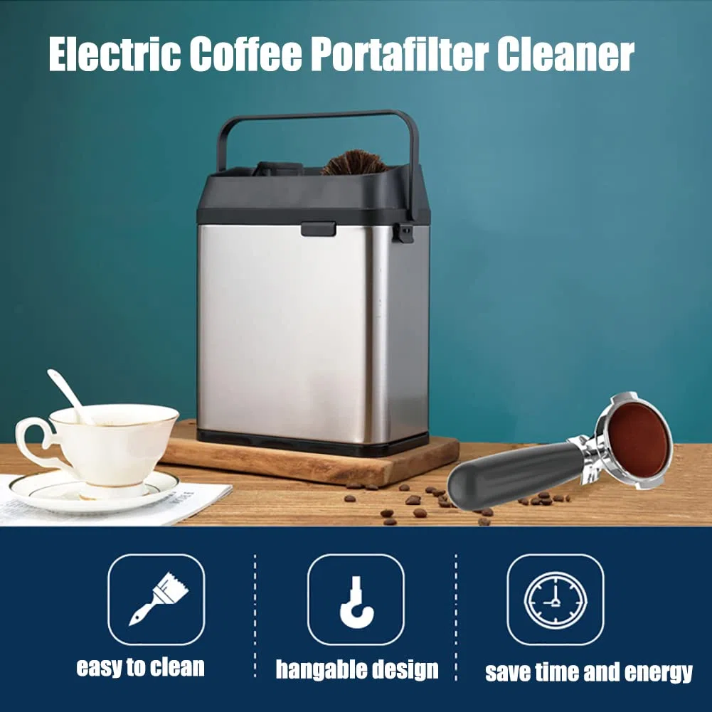 Limpiador de Portafiltros Eléctrico Caja Golpeadora Máquina de Limpieza de Café 58mm 300rpm Cepillo de Limpieza de Espresso de Acero Inoxidable Café (Grey)