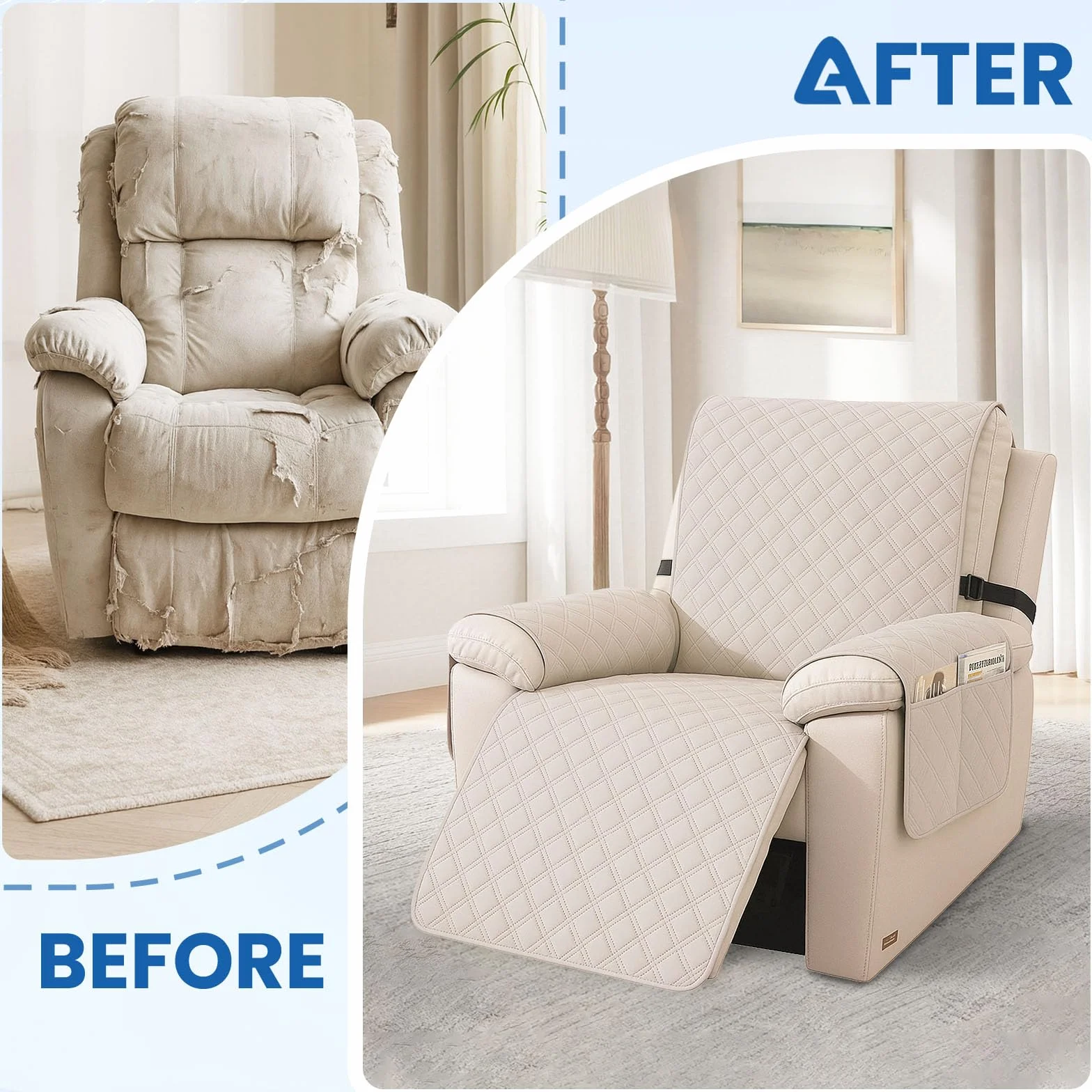 YSTELLAA Funda Sillon Relax Reclinable 1 Plaza, Impermeable Funda Sillon, Fundas para Sillones con Bolsillo Laterales, Mascotas, Antiarañazos(1 Asiento, Beige)