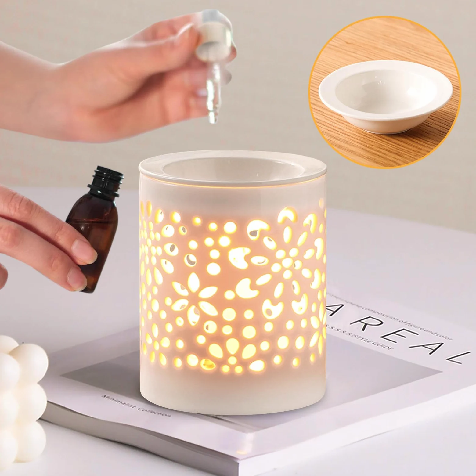 BORDEAG Calentador de cera - Lámpara aromática de cerámica, lámpara de fragancia eléctrica, lámpara aromática para cera aromática, lámpara de aroma de cerámica, aroma de habitación con vela de té,