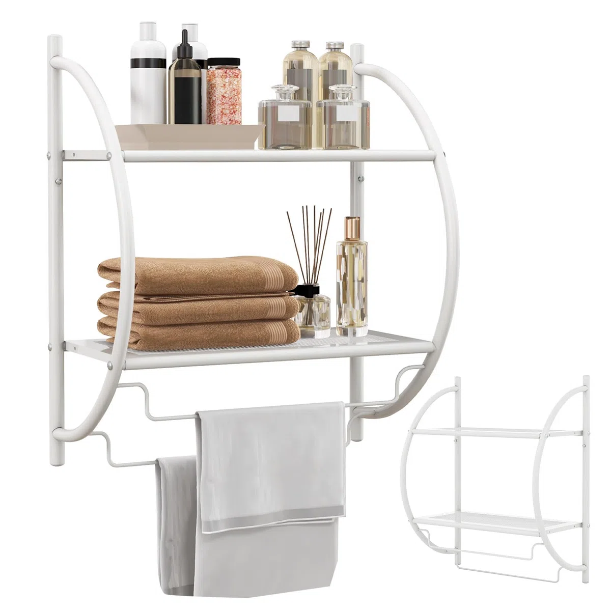 LIFEZEAL Estante Toallero de Pared, 2 Estantes y 2 Barras de Hierro Cromado, Multifuncional, 45 x 25,5 x 55 Cm, Capacidad 14 Kg (Blanco)