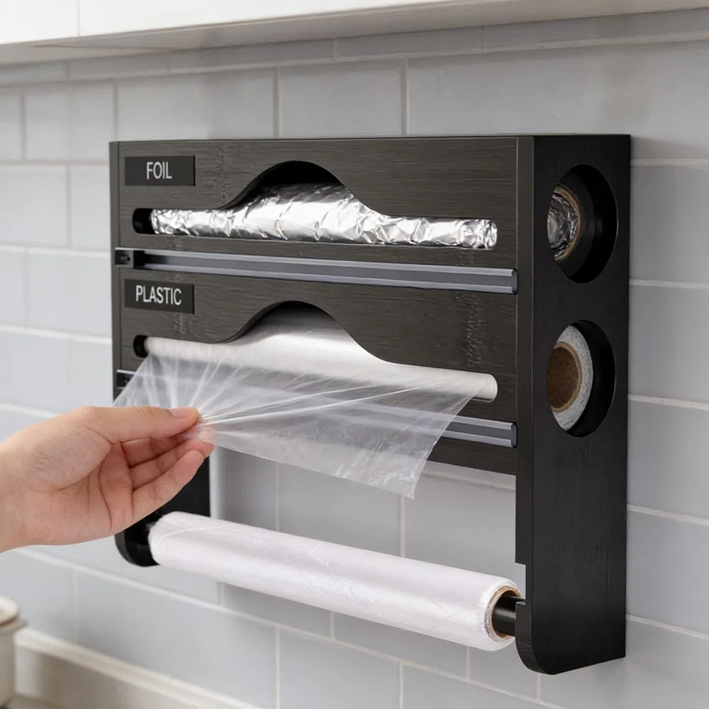 Dispensador Papel Aluminio y Film 3 in 1 con Portarrollos Cocina Dispensador de Láminas de Madera Organizador para Aluminio y Fim, 35,2x21x7cm