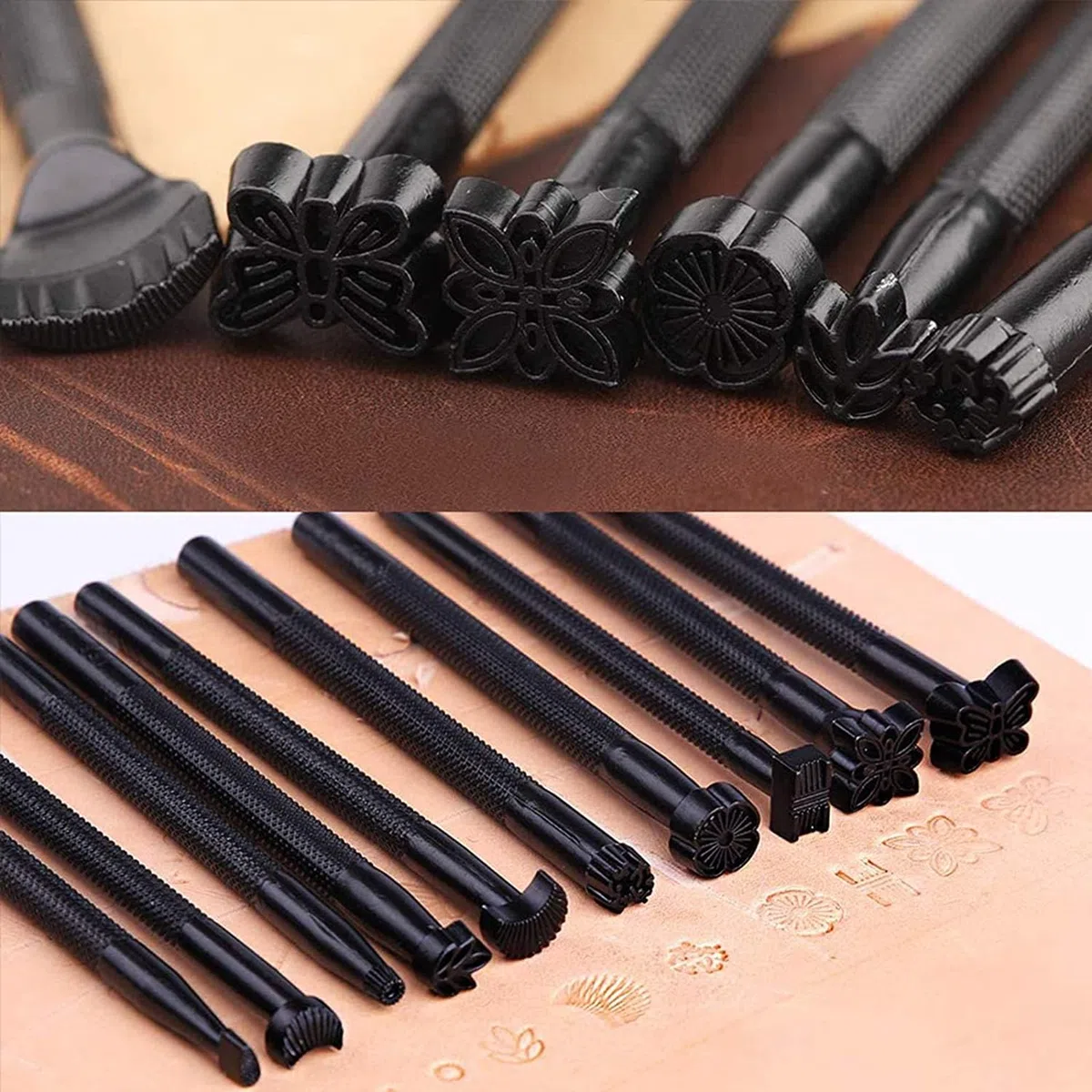 Juego de 20 herramientas de corte de cuero, estampado de cuero, herramientas de sello negro, kit de sello de diferentes formas para el procesamiento artístico de cuero