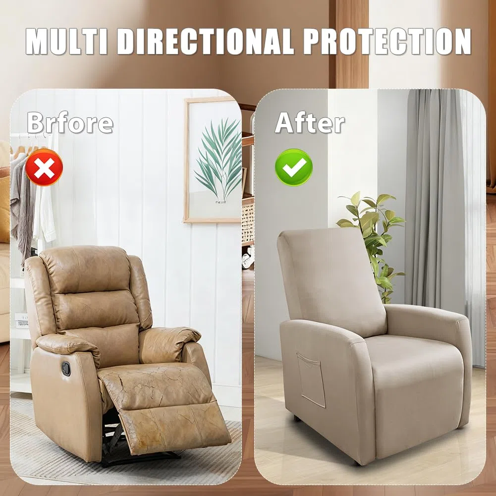 Funda Elástica para Sillón, con Bolsillos, Impermeable, Funda de Sillón Relax, Sillon Relax Reclinable, Fundas para Sillones Todo Incluido, 4 Piezas Extraíbles y Lavables Fundas Protector, Moca Clara