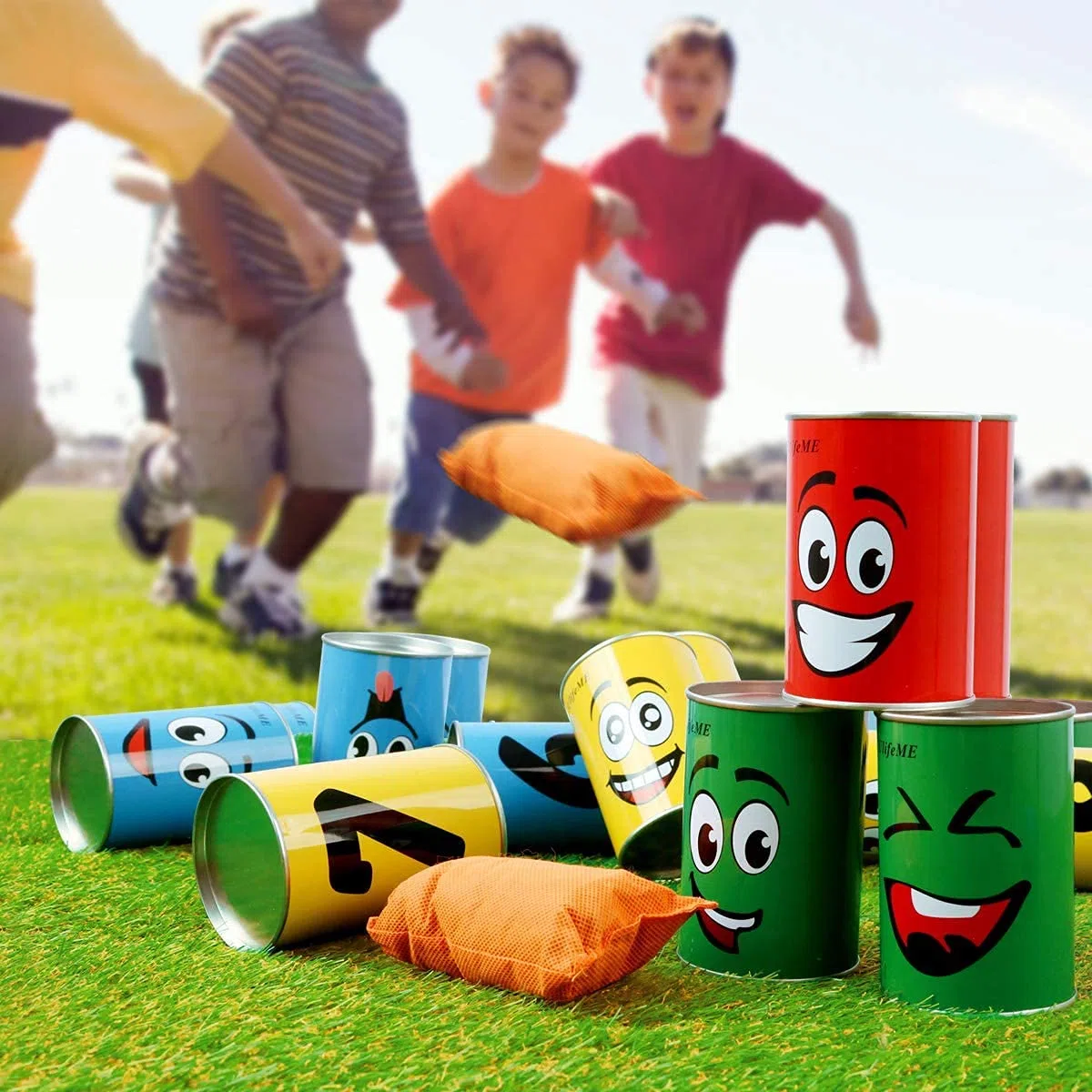 Lanzar latas para niños, Juego de Lanzamiento para Nacimiento Infantil y Otras Fiestas, 10 latas de Sonrisa y 3 Bolsas de Basura Coloridas, Juego para Juegos de jardín, latas de Lanzamiento,