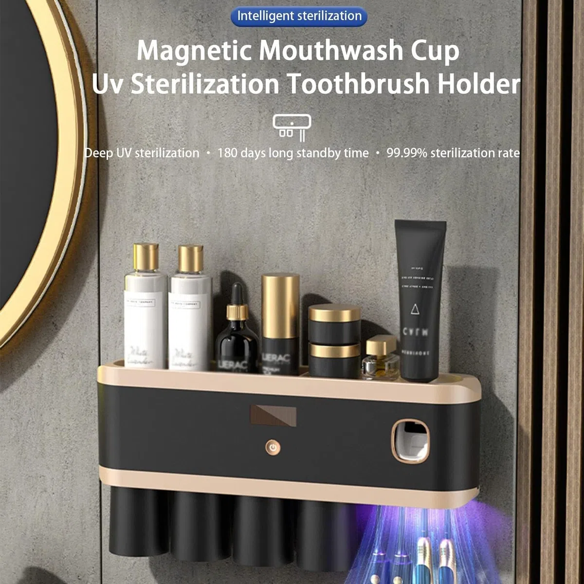 Soporte para cepillo de dientes eléctrico con esterilizador UV, dispensador automático de pasta de dientes recargable, ideal para ducha y baño, montado en la pared, negro, 4 tazas, protege y