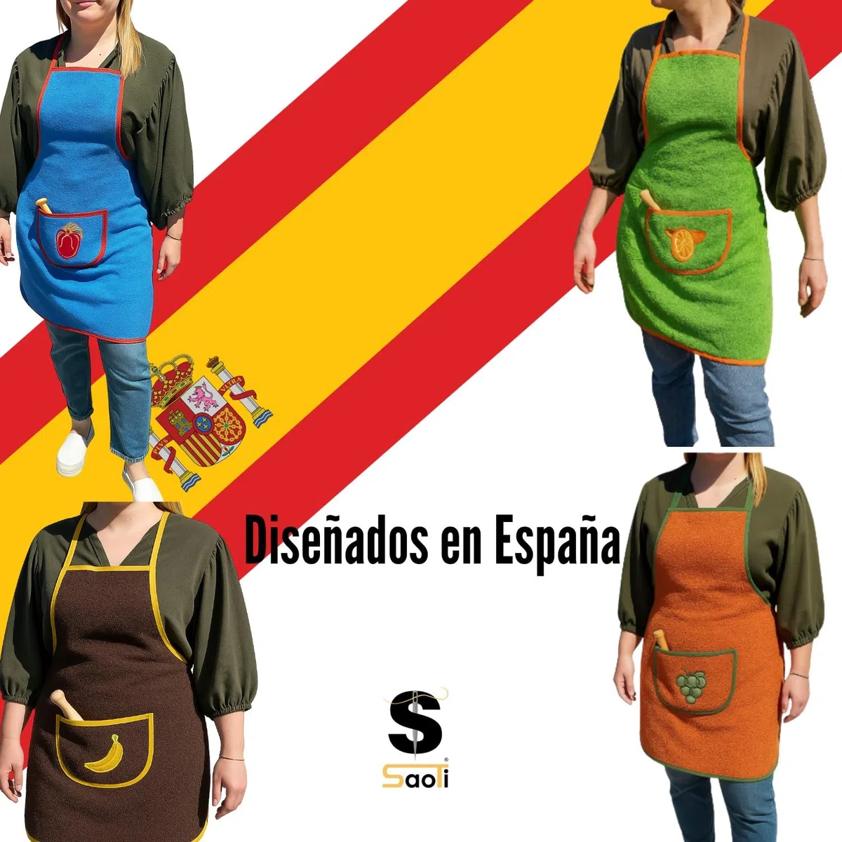SaoTi Pack de 1,4 u 8 Delantales de Rizo/Toalla, Fabricados 100% en Algodón, frutas bordadas, ideal para secar.Delantal de cocina Mujer