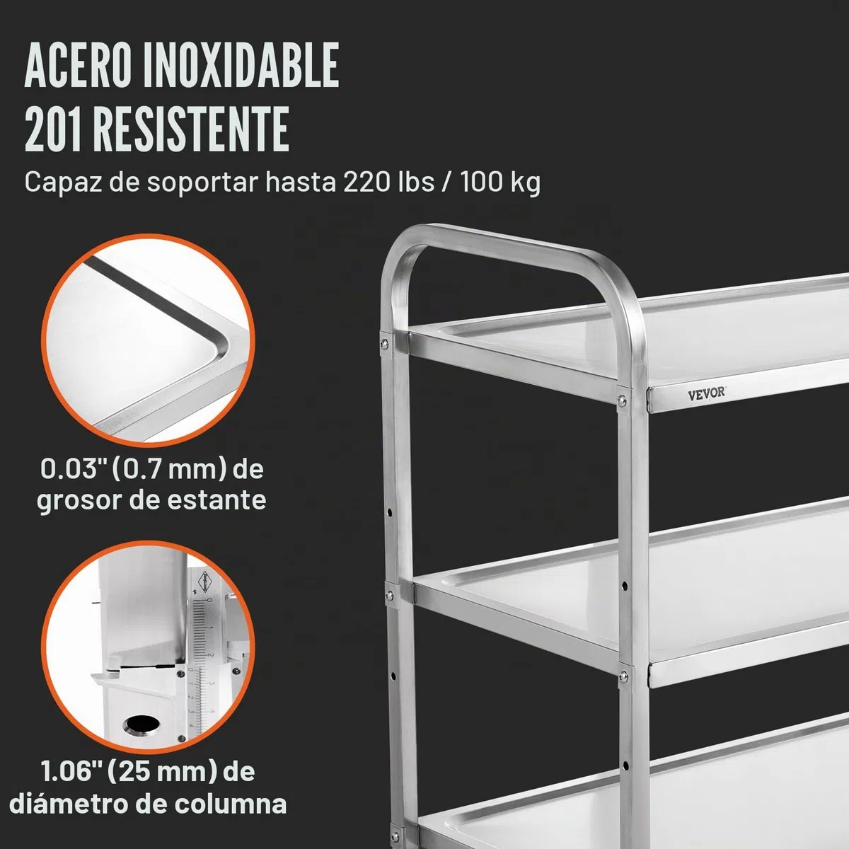 VEVOR Carro con Ruedas de 3 Niveles Carro de Almacenamiento Multifuncional de Acero Inoxidable 94x49,5x93 cm Carga 100 kg Ruedas con Bloqueo 6 Ganchos para Almacenamiento Lavadero Cocina Restaurante