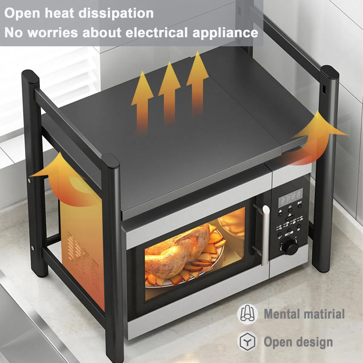 Soporte para microondas, soporte extensible de metal para microondas, soporte de 2 niveles para utensilios de cocina y tablas, encimera de acero al carbono con 6 ganchos