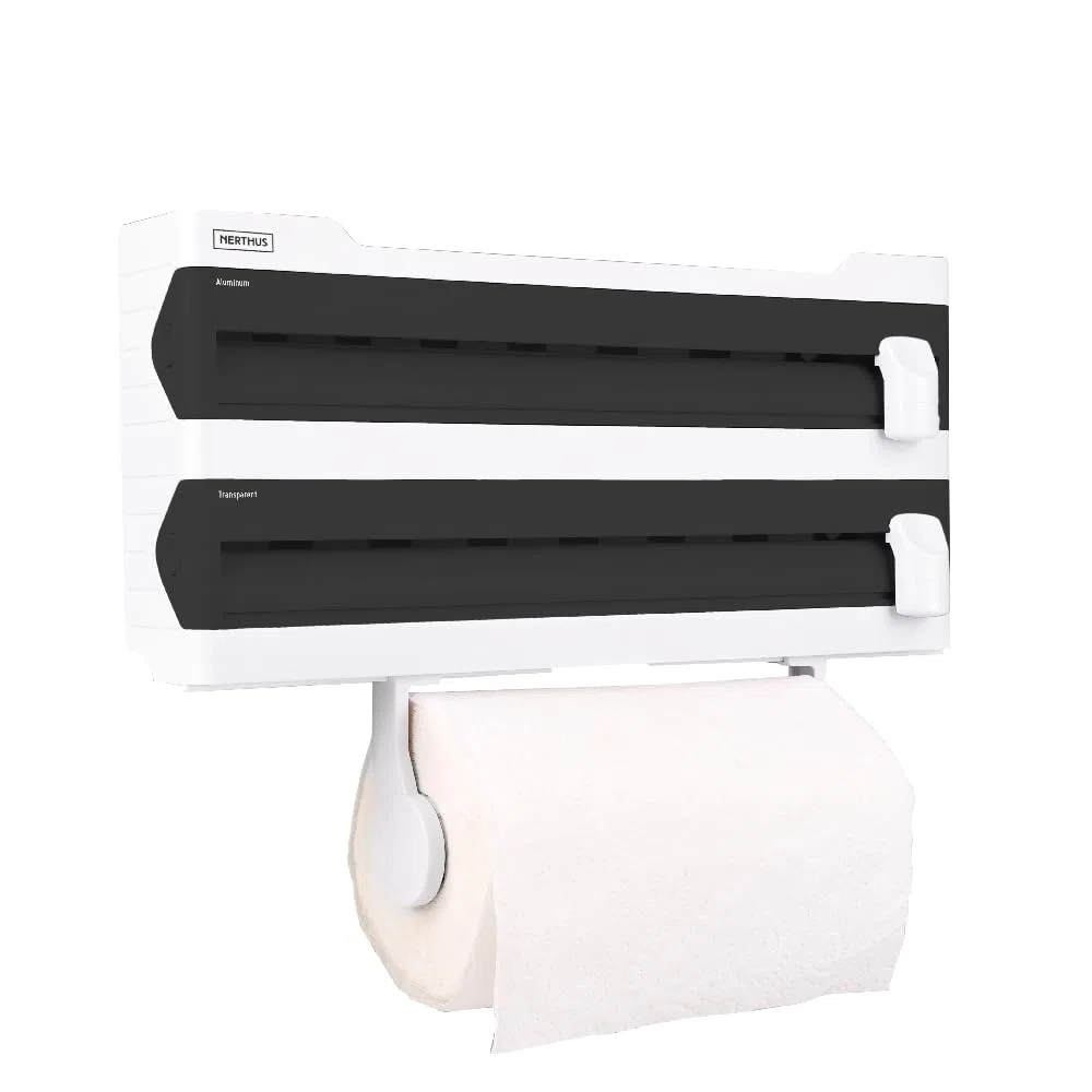 Nerthus FIH 1256 portarrollos Pared Triple Aluminio Film y Papel con Corte Estante especiero Cocina