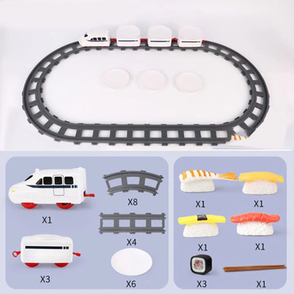 Tren de sushi para mesa de comedor | Juego de máquina rotativa eléctrica de tren de sushi con cinta transportadora de riel, comida y bandeja para servir Mesa alimentada por batería para fiesta, exhib