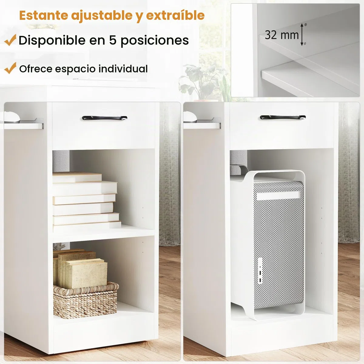 GYMAX Escritorio de Computadora con Estación de Carga, Escritorio de Estudio de 105 CM con Estantes y Cajón, Orificio para Gestión de Cables, Escritorio Moderno y Simple para Dormitorio, Blanco