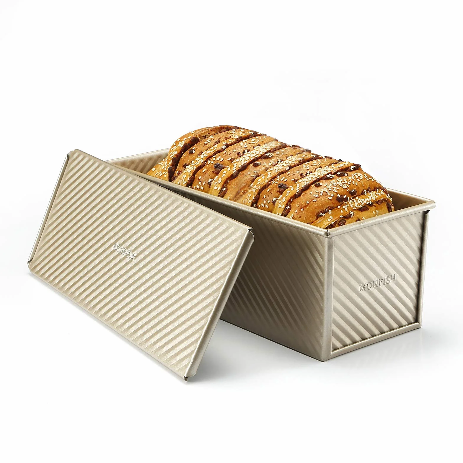 Monfish pullman - Molde pan tapa deslizable acero aluminio 1000 g champán dorado antiadherente 34x13,5x12 cm