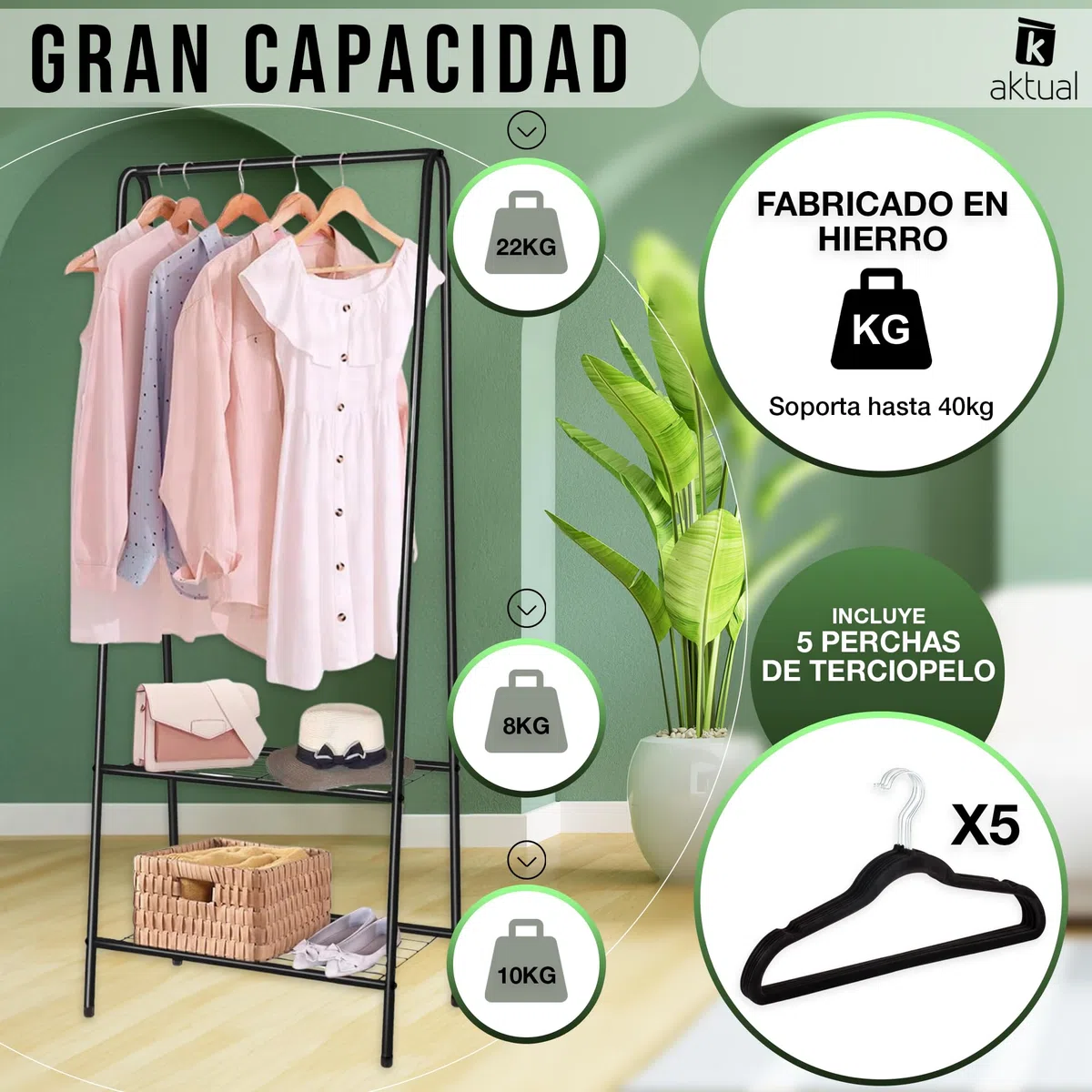 Perchero burro y zapatero -Burro ropa con 2 estantes - Medida 60 x 152 x 35 cm - Perchero burro ropa resistente de metal - Incluye 5 perchas de terciopelo
