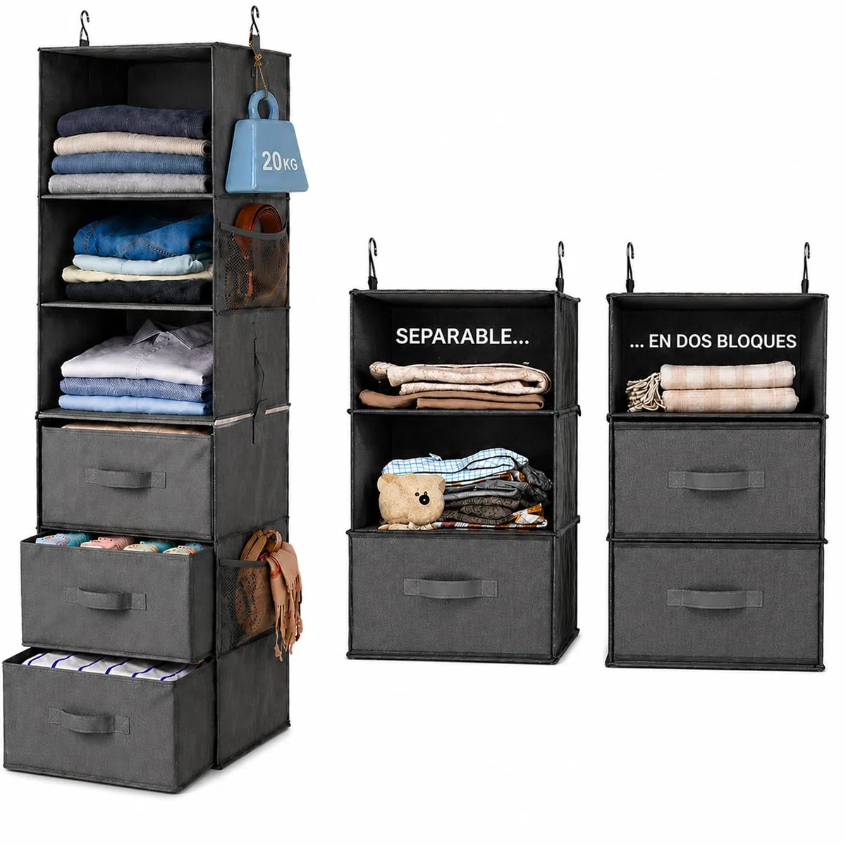 Armario Colgante 6 Baldas con 3 Cajones, Separable en 2 Módulos, Baldas Reforzadas Anti-hundimiento, Estantería Tela Plegable para Ropa, Sistema Vertical de Almacenaje