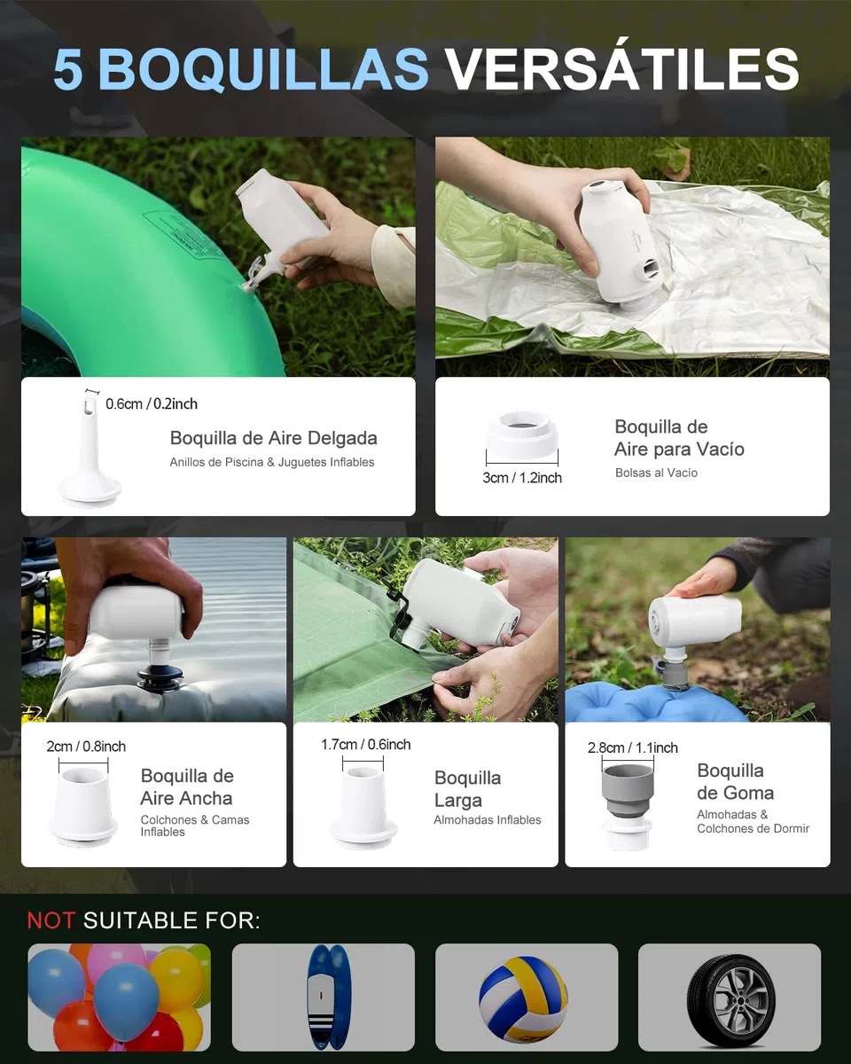 Inflador Eléctrico con Batería para Colchón Inflable, Camas Hinchables, Bolsas Vacío Ropa, Piscina Hinchable, 5 Boquillas & Luz de Camping, Hinchador de Inflado y Desinflado Rápidos, Bomba de Aire