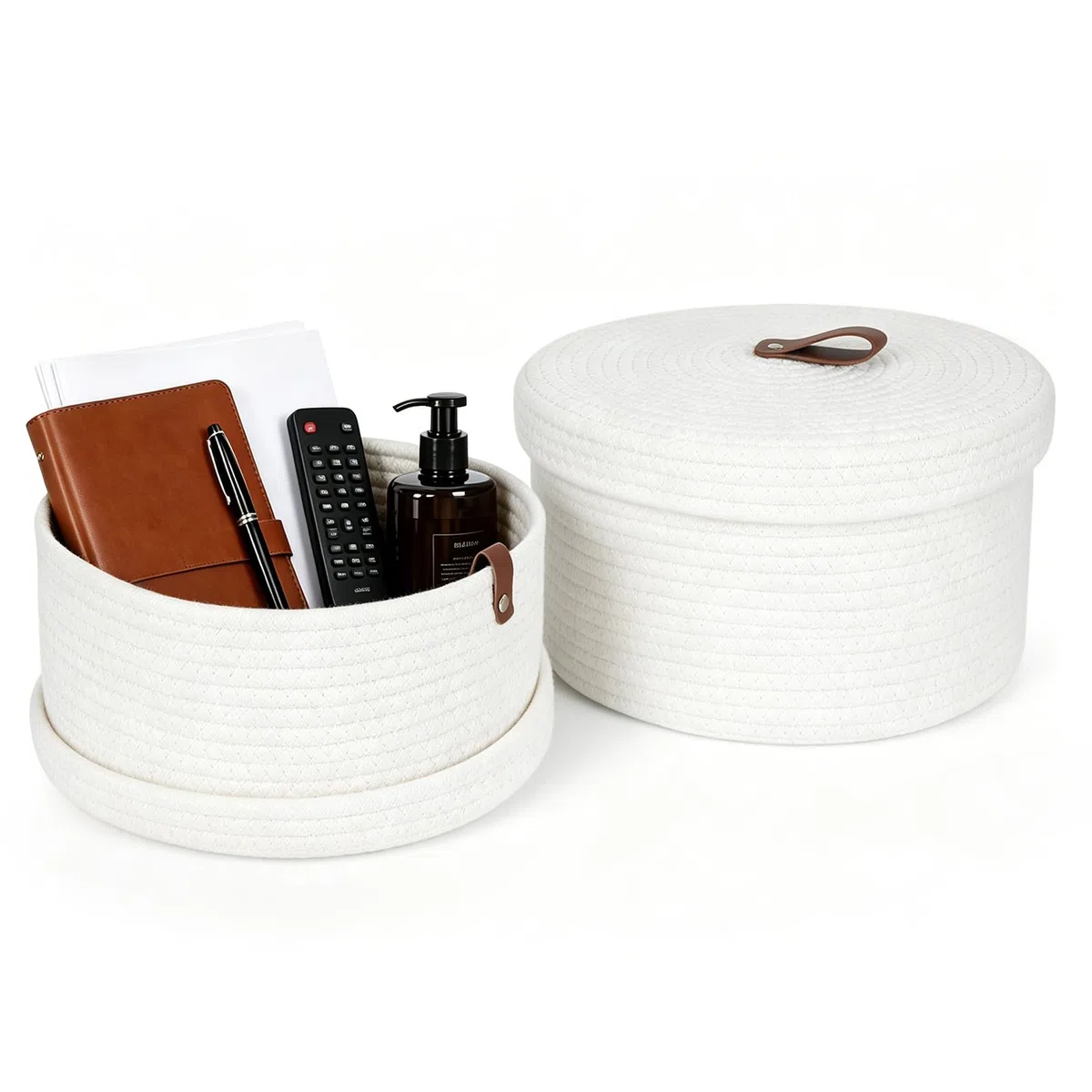 Juego de 2 cestas de almacenamiento con tapa, redondas de cuerda de algodón, cesta trenzada con asa, cestas para guardar juguetes, organizadores para habitación infantil, salón, baño, mesa, decoración
