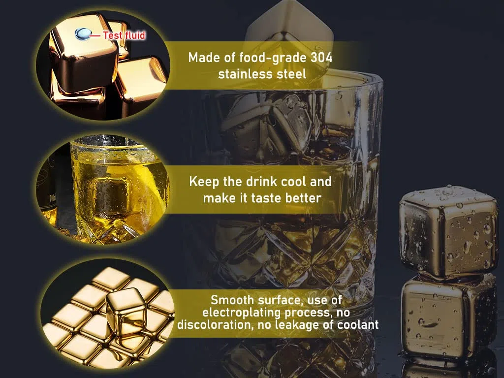 Cubitos de Hielo Acero Inoxidable,16 Piezas Cubitos Hielo Reutilizables Acero Inoxidable Oro,Cubitos de Hielo Reutilizables + Abrazaderas e Bolsa,para Whisky,Vodka,Licor,Vino,Jugo de Bebida