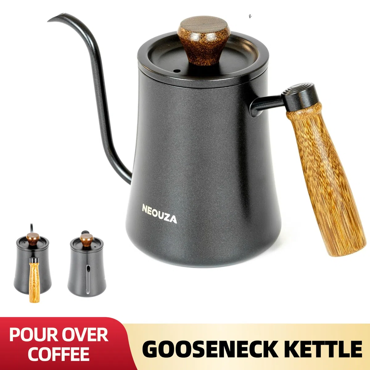 NEOUZA Pour Over Coffee - Hervidor de cuello de ganso, 600 ml, con termómetro de alta precisión, acero inoxidable 304, mango ergonómico de madera, opciones de calefacción versátiles, fácil de limpiar