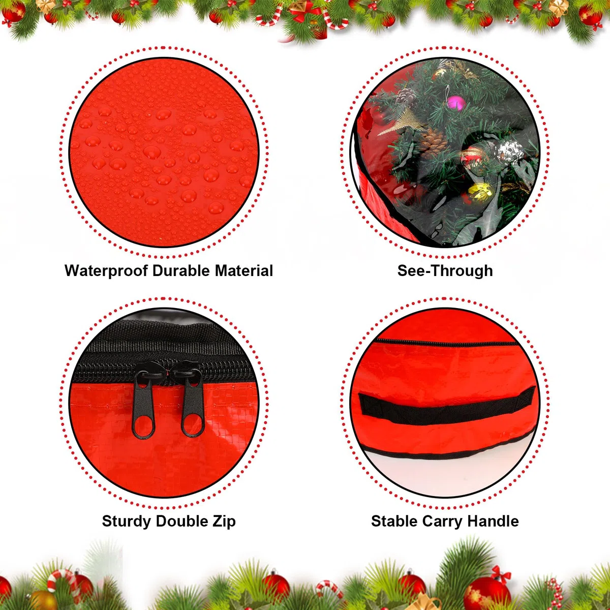 Pwsap 2 Paquetes Bolsa de Almacenamiento de Coronas Navideñas - 24 Pulgadas, Estuches de Guirnaldas de Coronas Navideñas Material Impermeable y Duradero con Cremallera Adornos Navideños, Rojo