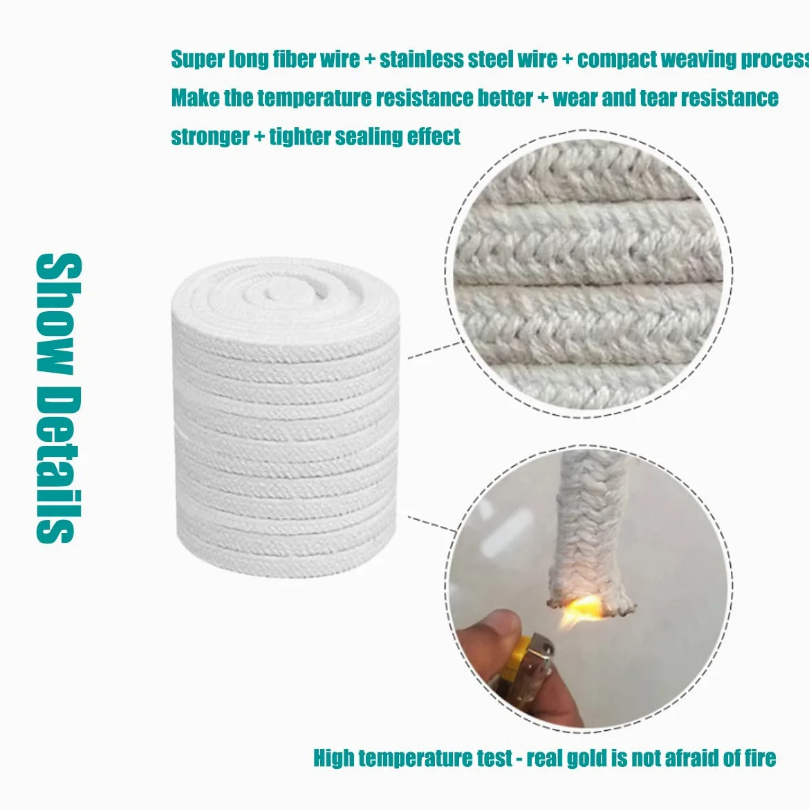 Junta de Sello de Cuerda de Fibra cerámica - Trenzado Cuadrado 10 x 10 mm, Sello de Junta de Alta Temperatura para fundición de Horno de Caldera,5M
