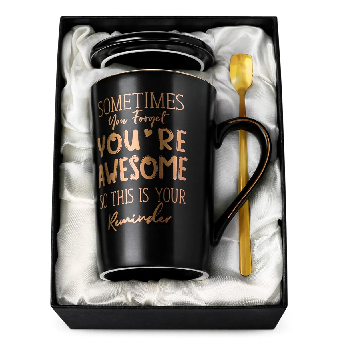 Regalos de agradecimiento para hombres, Sometimes You Forget You're Awesome - Taza inspiradora de cerámica negra única de 14 onzas con impresión dorada, regalos divertidos para novio, marido, él, en