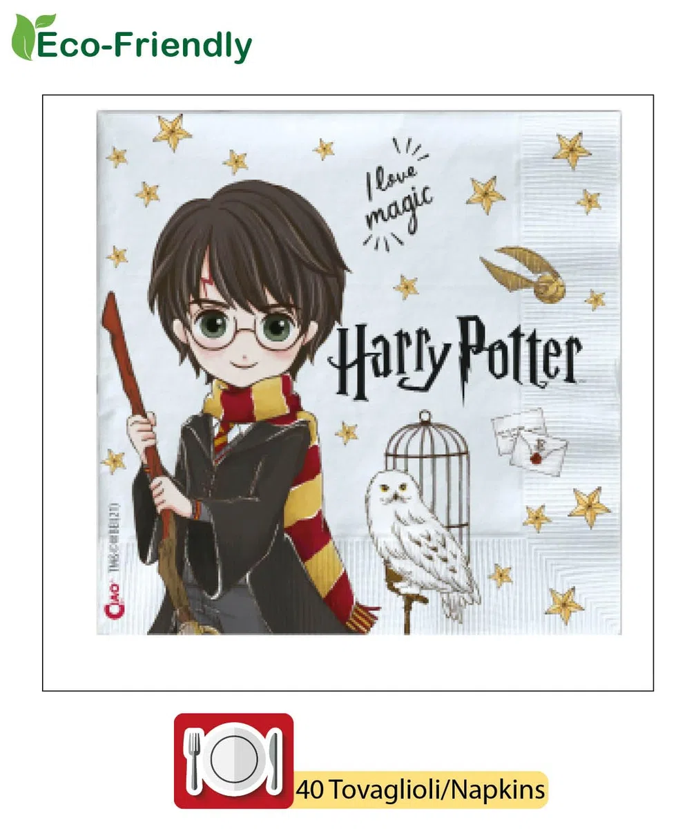 Kit Vajilla de Fiesta Harry Potter para 24 personas (112 pcs: 24 platos Ø23cm, 24 platos Ø18cm, 24 vasos 250ml, 40 servilletas 33x33cm) de papel compostable eco-friendly