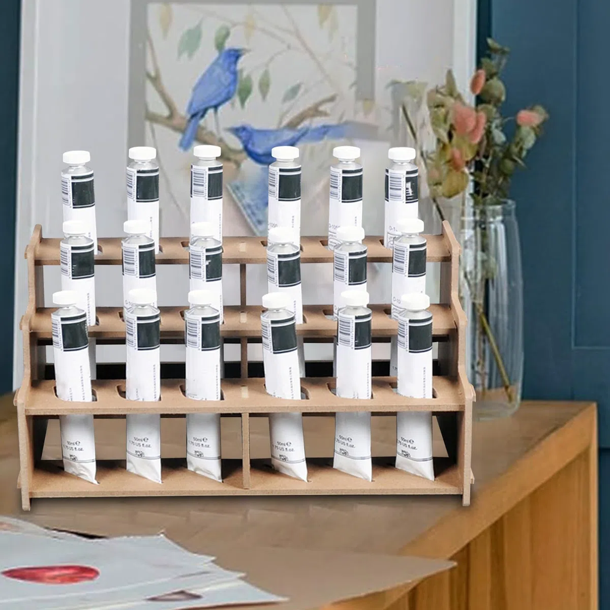 Organizador de tubos de pintura, 3 soportes de madera, almacenamiento de tubos de pinceles de arte con diseño compacto, capacidad para 18 botellas, organizador de suministros de pintura para