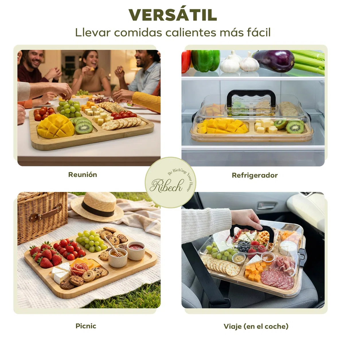 Tabla de Charcutería con Tapa – Bandeja para Quesos Portátil con 6 Compartimentos, Tabla de Madera de Bambú – Ideal para Picnic, Brunch y Viajes