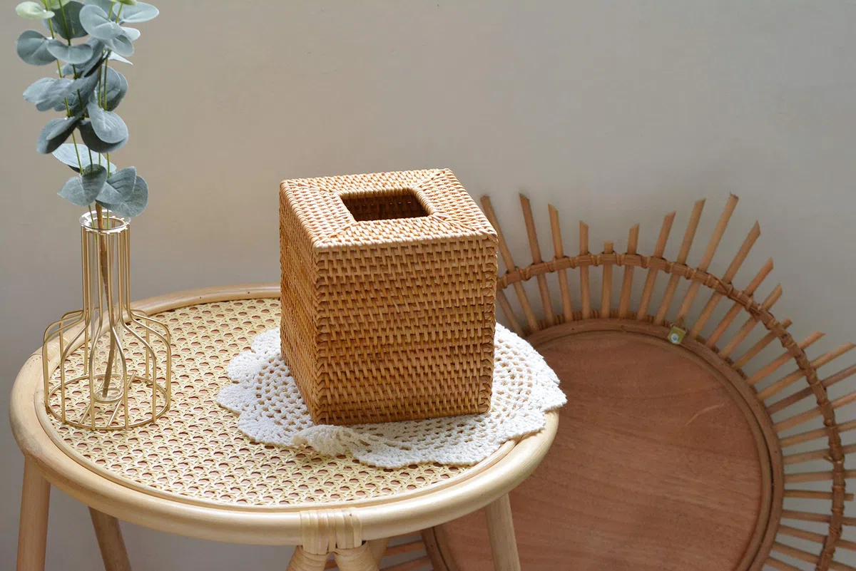 Caja de pañuelos de Mimbre Cuadrada, Caja de Pañuelos de Papel de Ratán para Decoración Hogar y Oficina,14,5 x 14,5 x 14,5 cm, Amarillo
