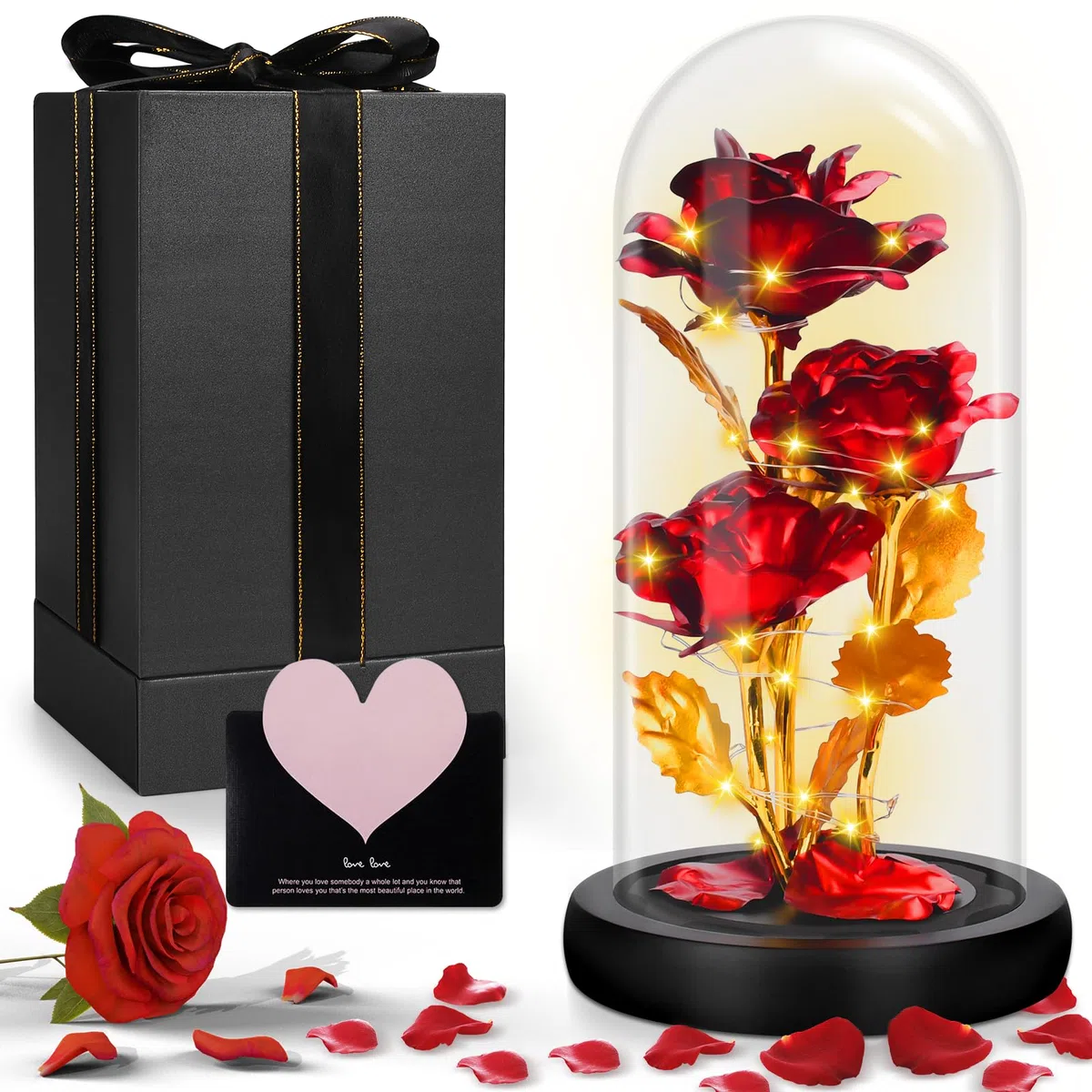 UCAMP Rosa Eterna,La Bella y la Bestia Rosa Eterna,Elegante Cúpula de Cristal con Base Pino Luces LED,Base de Madera,1 Tarjeta de Amor,para Mamá,Damas,Navidad,Boda,Aniversario,Día de la Madre