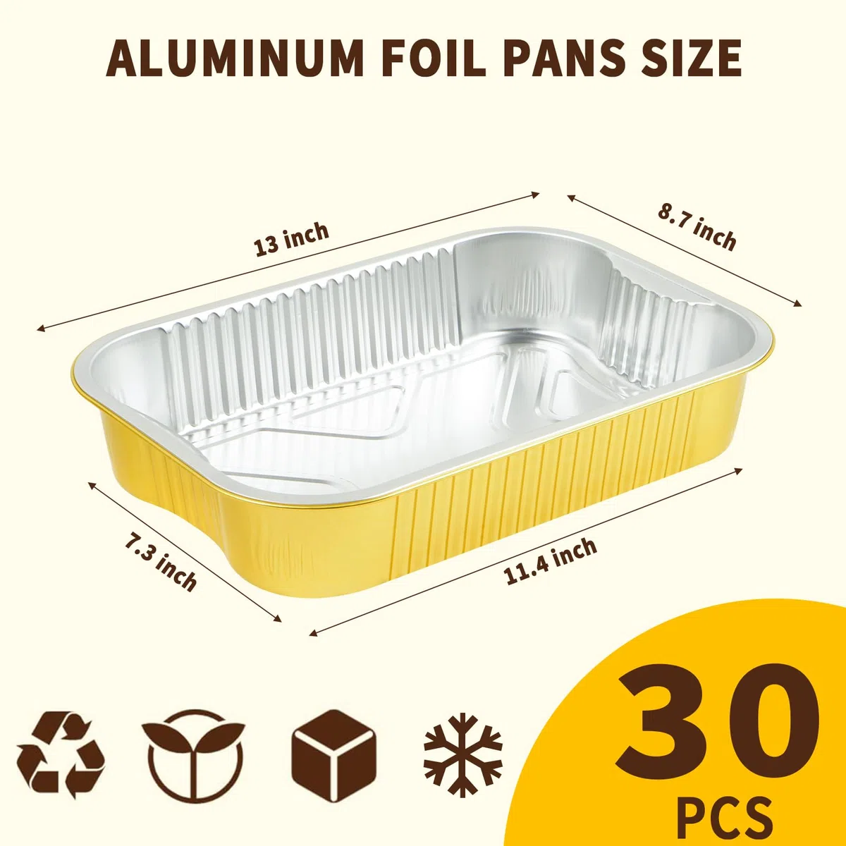 Paquete de 30 sartenes de aluminio de tamaño medio de 9 x 13 pulgadas, extra resistentes, desechables, de papel de aluminio dorado, contenedor de alimentos de doble grosor para hornear,