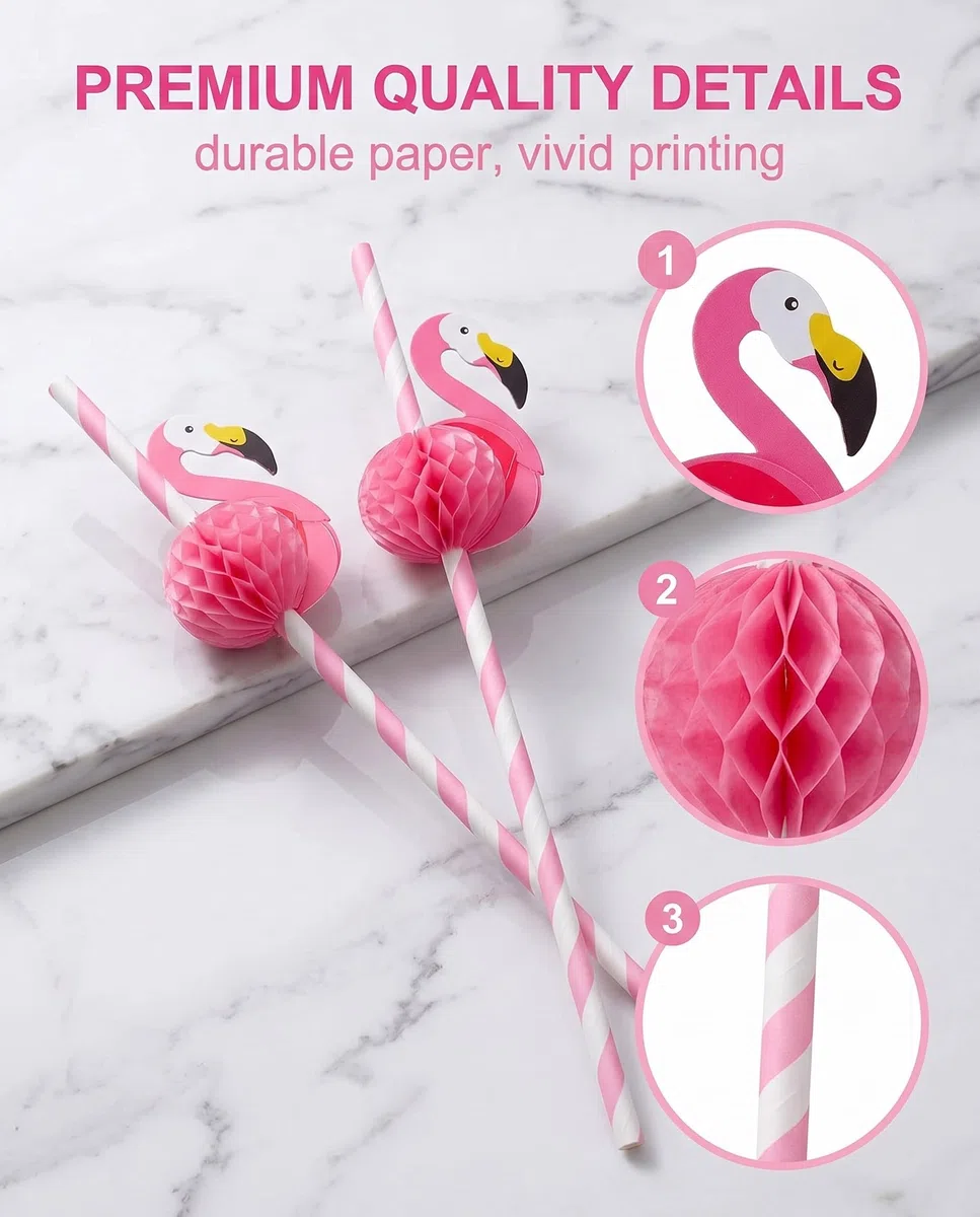 Pajitas de Flamenco 3D, 50 Piezas Biodegradables y Decorativas para Cócteles, Fiestas Temáticas, Decoración Hawaiana y Cumpleaños