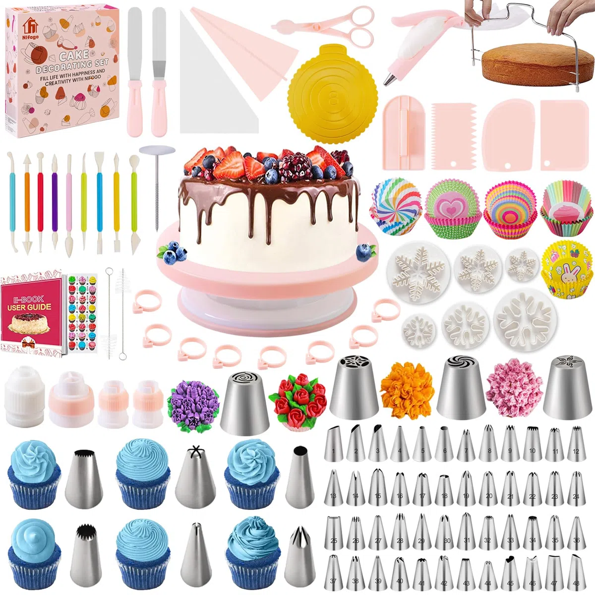 Kit Reposteria y Pasteleria 301pcs, Nifogo Boquillas Manga Pastelera, Plato Giratorio para Tartas, Decoracion Tarta, Accesorios Reposteria