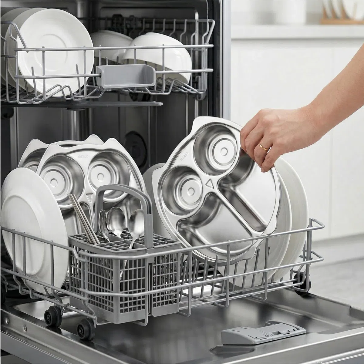 Noamus Paquete de 3 platos divididos de acero inoxidable, plato de cena 304 de 4 secciones, bandeja de control de porciones de dieta, plato de comida en forma de búho de 9 pulgadas para adultos,
