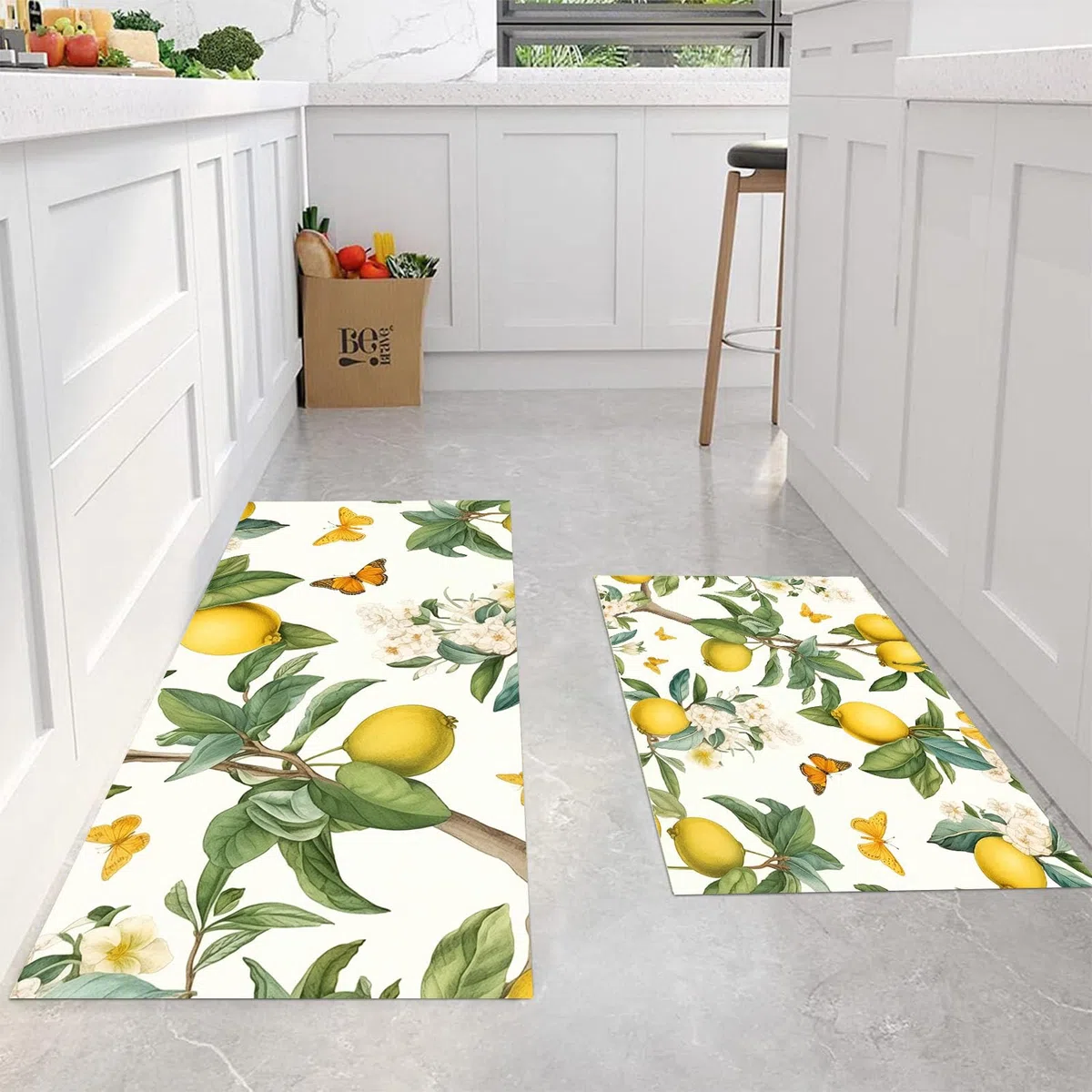 2 Piezas Antideslizante Cocina Absorbente Lavable Jardín De Limones Alfombra De Pie De Cocina Plantas Naturales para Comedor Dormitorio Portal Salón 43X75+43X150Cm, Verde Claro