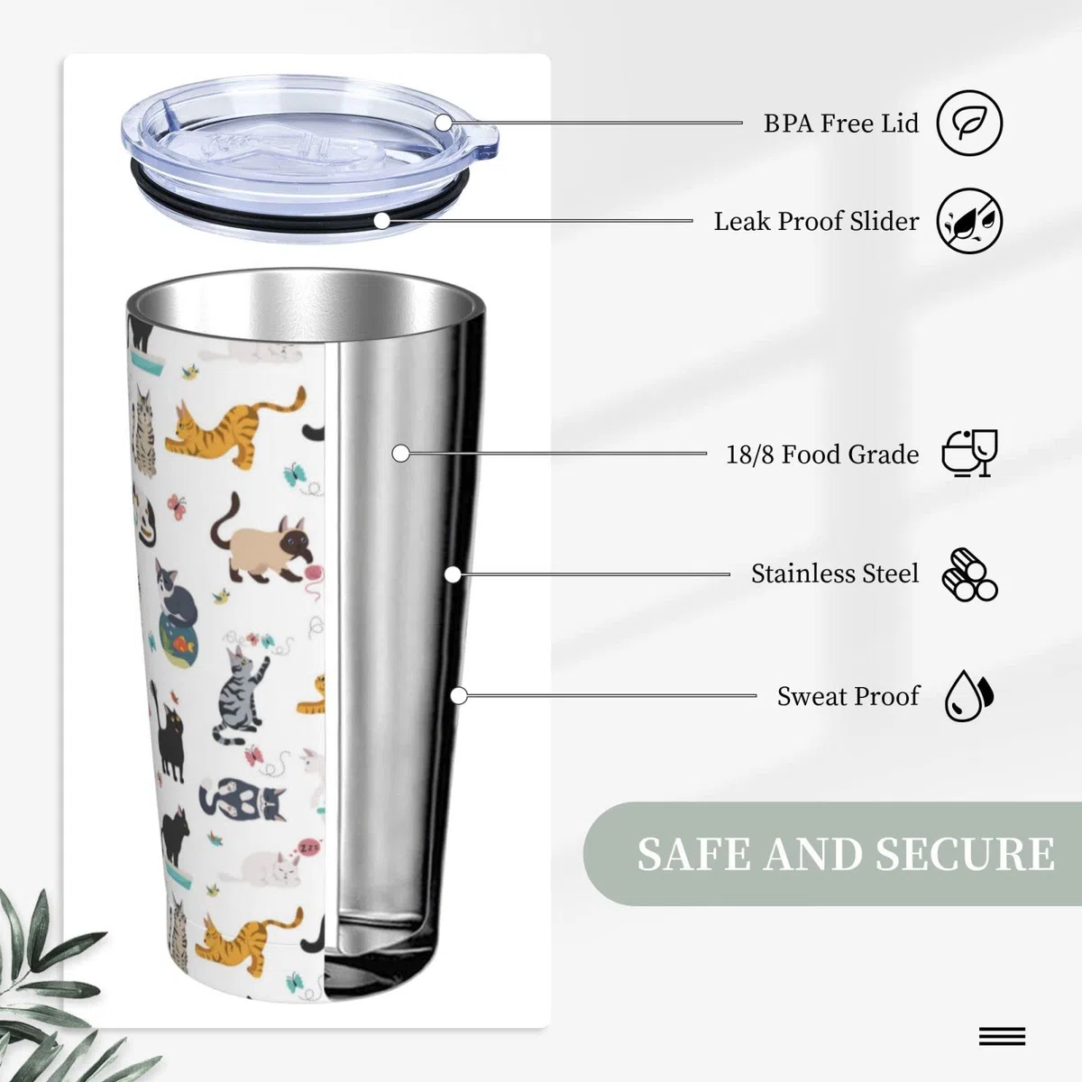Vaso de gato con tapa y popote, botella de agua aislada de acero inoxidable de 20 onzas, taza de café de viaje, consejos de un gato regalo para mujeres