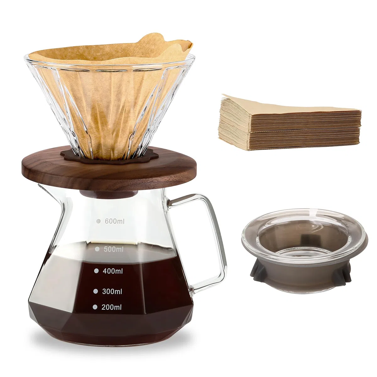 Cafetera de café con jarra de vidrio de borosilicato de 600 ml y tapa de vidrio, con asa de nogal y 100 filtros de papel tamaño 02, transparente, 20 oz