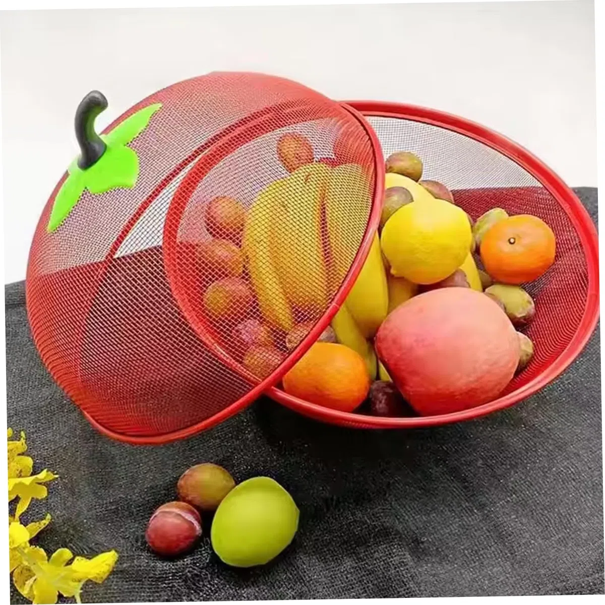 Frutero con tapa de 11.0 in, cesta de frutas de malla de alambre de metal con fondo elevado, elegante cesta funcional para alimentos para cocina, color rojo