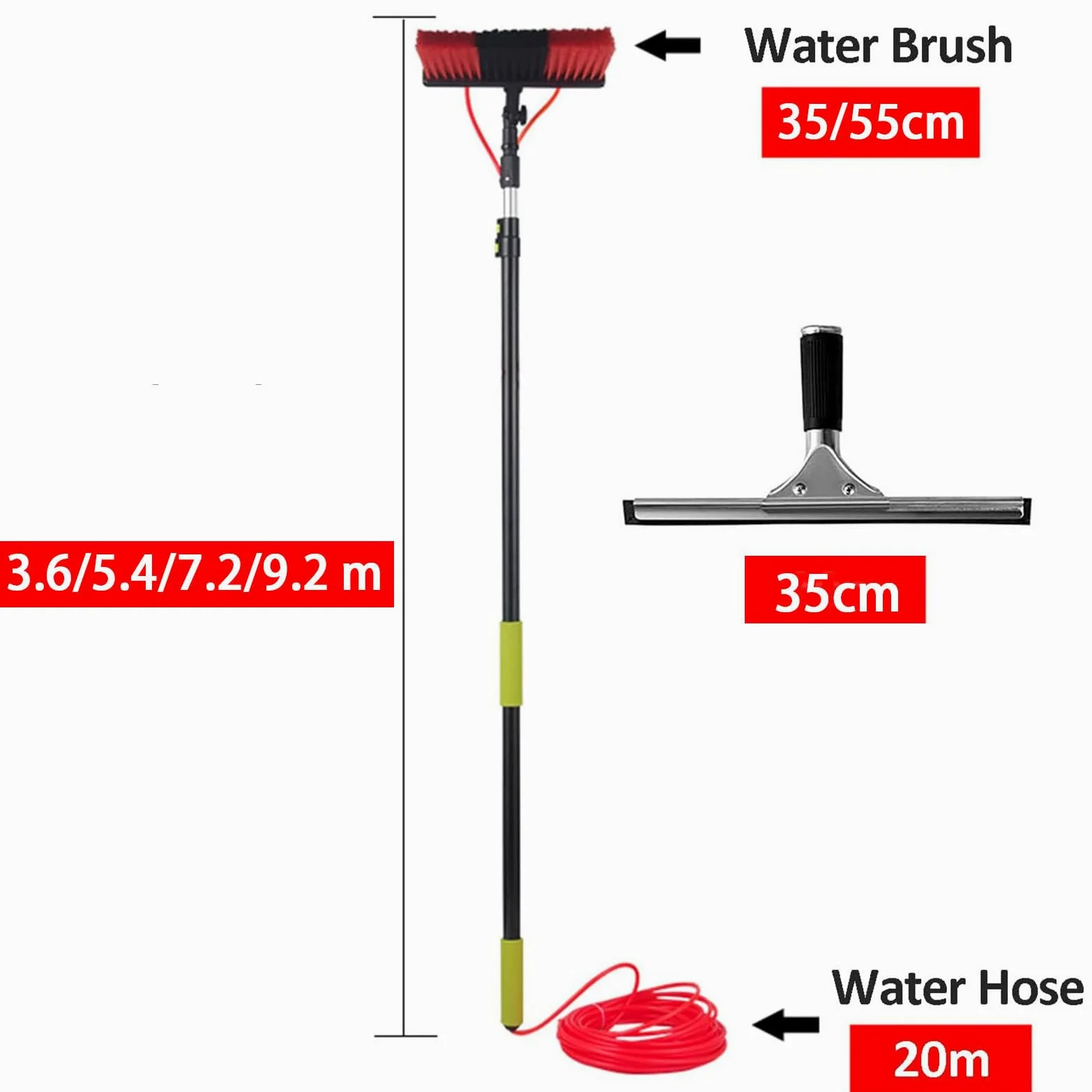 Kit De Poste Alimentado por Agua De 30 Pies, Cepillo De Limpieza De Paneles Solares con Cabezal Ajustable, Equipo De Lavado De Ventanas con Mango Largo De Extensión(35cmbrushhead,3.6m)