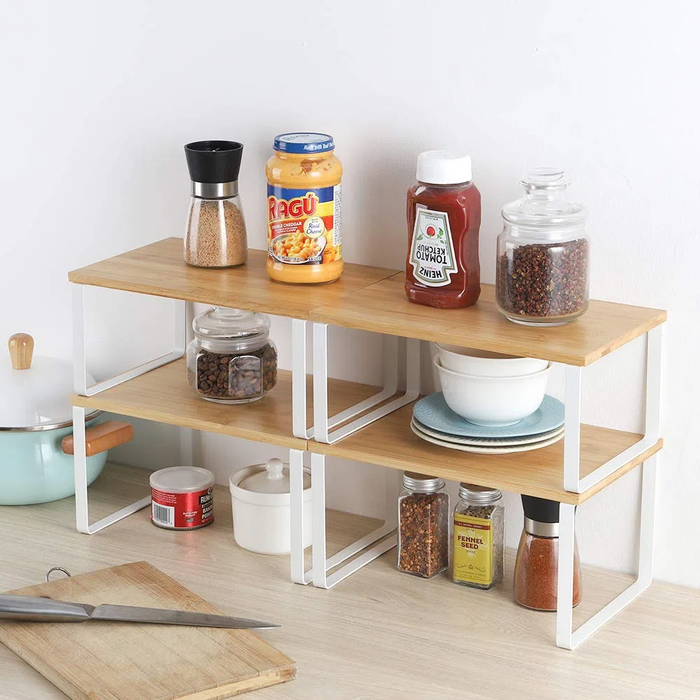 Nandae Juego de 4 Organizador Cocina Estanteria Cocina, Organizador Armarios Cocina Apilable para Encimera, Gabinete, Estantes de Almacenamiento para Alimentos y Cubiertos