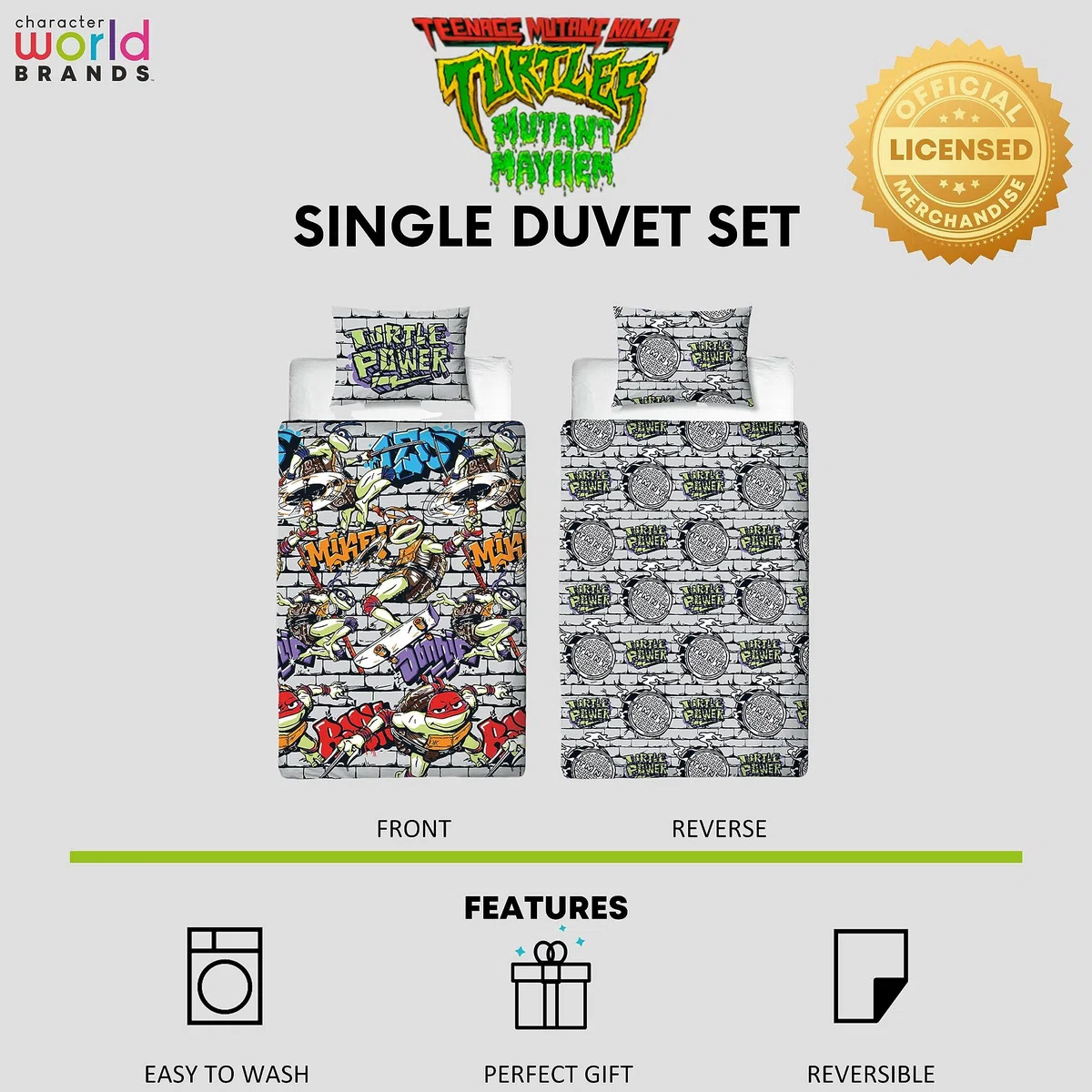 Character World Juego de Funda de edredón Oficial de Las Tortugas Ninja Mutantes Adolescentes | Diseño de Poder Reversible de 2 Caras, Incluye Funda de Almohada a Juego TNMT
