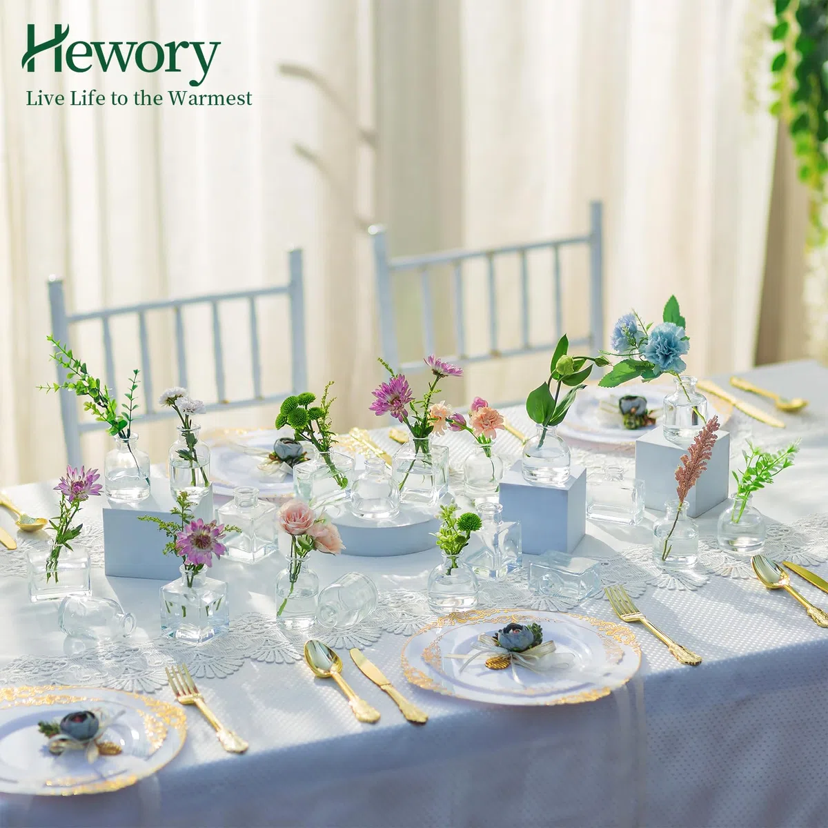 Hewory Jarrón de Cristal Decorativo Transparente - Set de 20 Piezas Mini Floreros para Centro de Mesa y Flores - Botella Pequeña